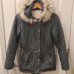 Women's Copper Key Quilted Puffer Jacket with Faux Fur Hood - Gray
